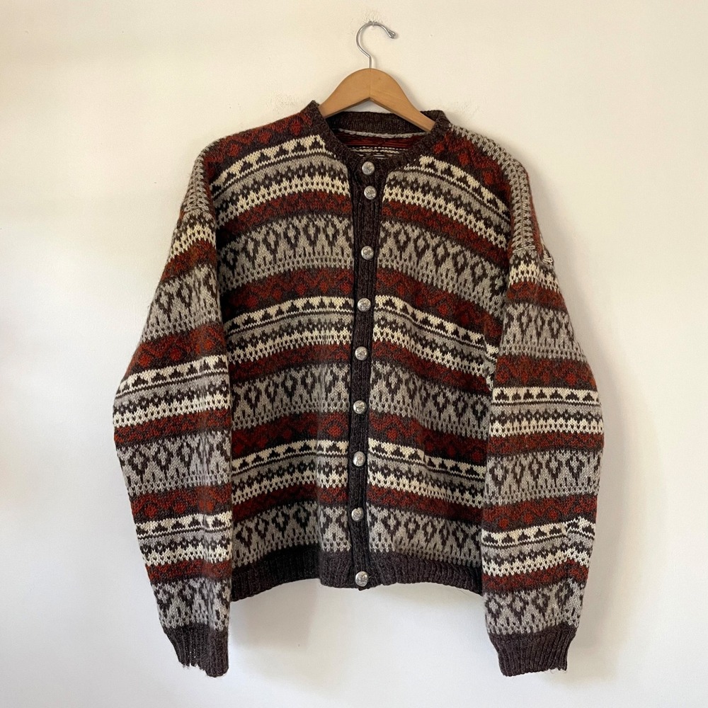 Nordic Fair Isle Cardigan Sweater Large Vintage Brown Wool Handmade Cottagecore